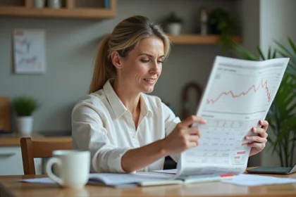 Femme d'âge moyen lisant un journal financier à la maison