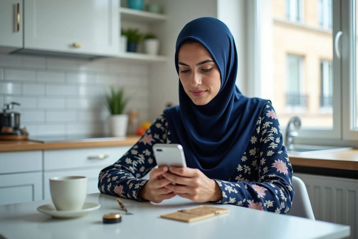 Jeune femme voilée consultant les horaires de salat sur smartphone dans une cuisine d'Argenteuil