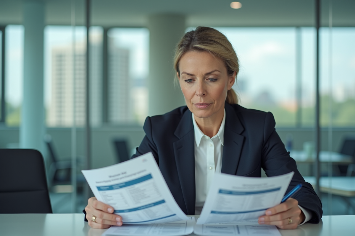 Professionnelle examinant des brochures de prêt immobilier