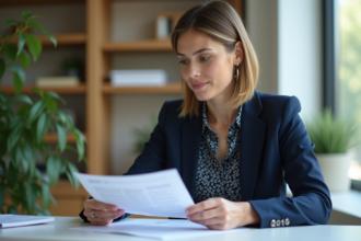 Femme professionnelle en réunion d'investissement ETF