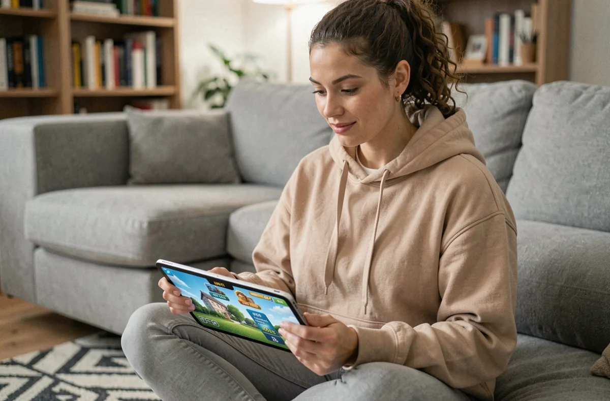 Femme jouant à un jeu de plateau mobile sur tablette dans un salon moderne