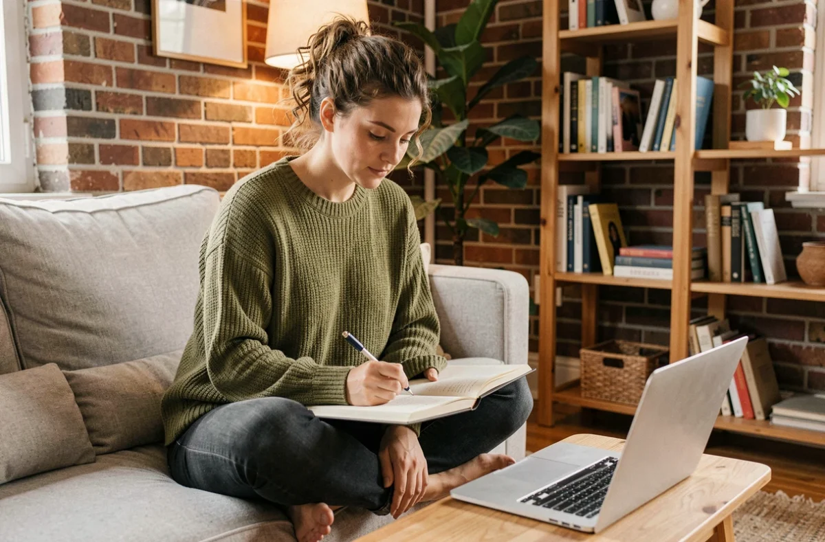 Jeune femme écrivant dans un journal dans un bureau à domicile chaleureux, symbolisant une période de réflexion professionnelle et de recherche de sens liée au signe 11h11