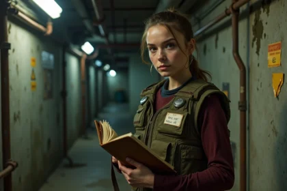 Jeune femme explorant un couloir de laboratoire souterrain abandonné tenant un carnet de chronologie Resident Evil