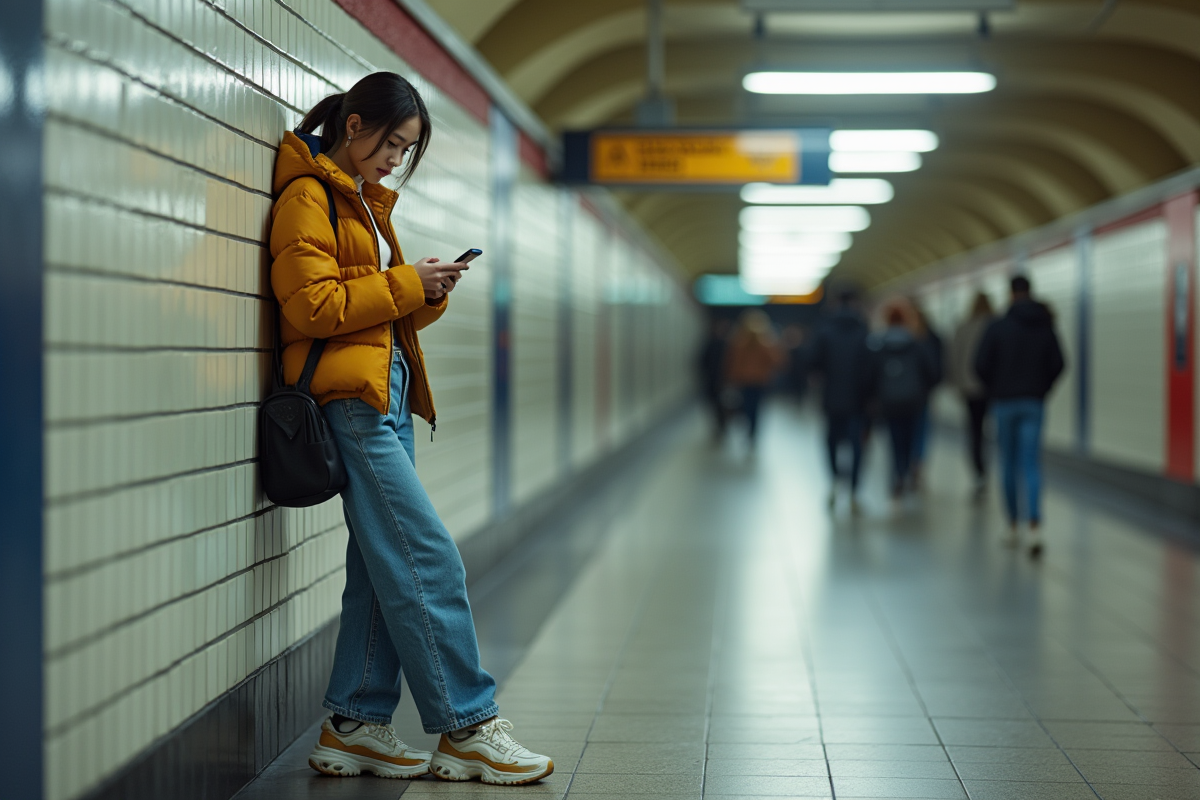 Jeune femme à la mode vérifiant son téléphone dans le métro
