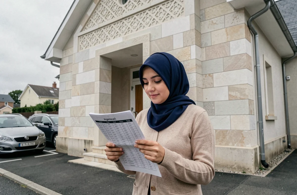 Femme musulmane consultant un calendrier de prières devant une mosquée à Argenteuil