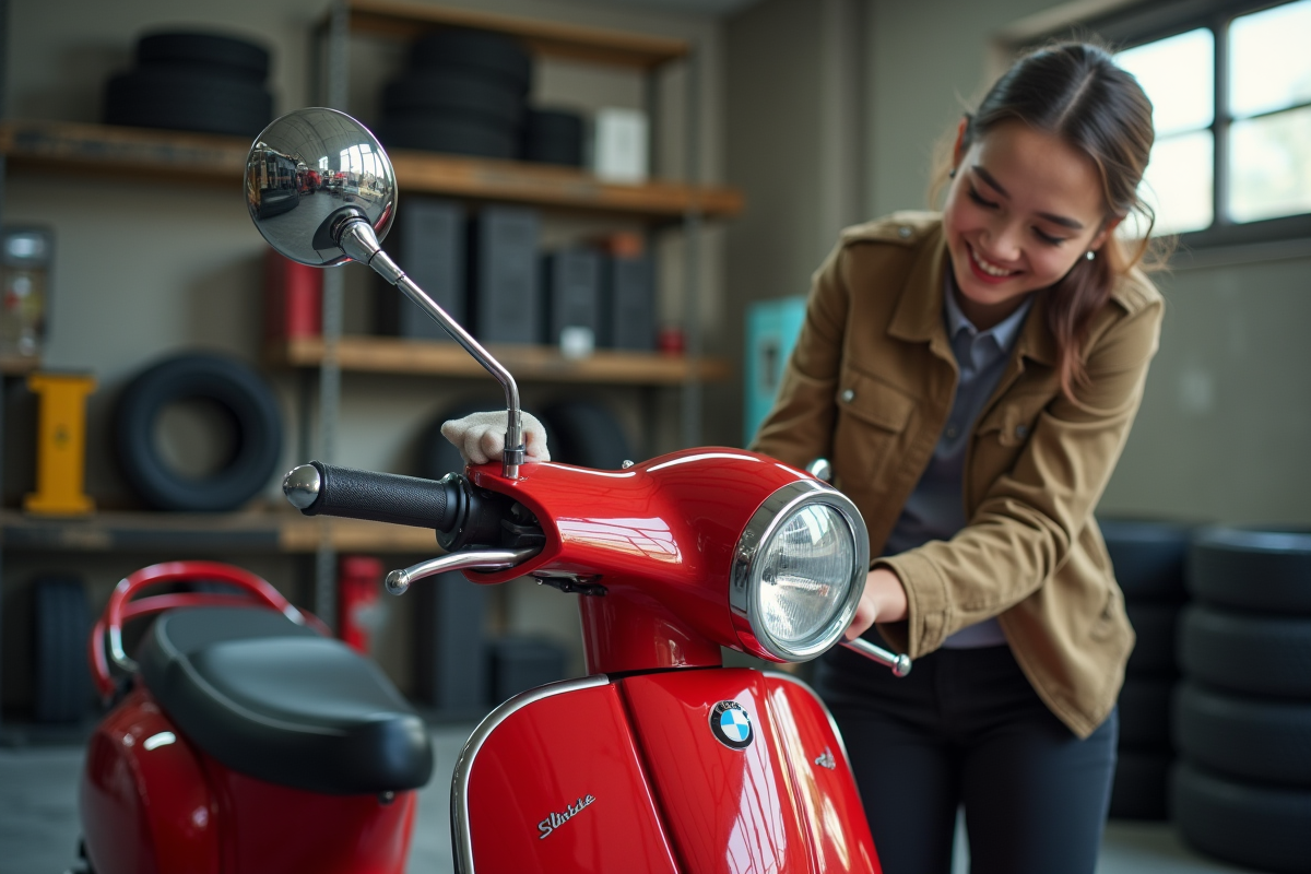 Jeune femme nettoyant un scooter rouge dans un garage