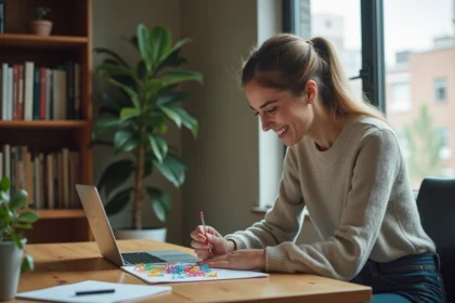 Jeune femme organisée avec des clips colorés dans un bureau cosy