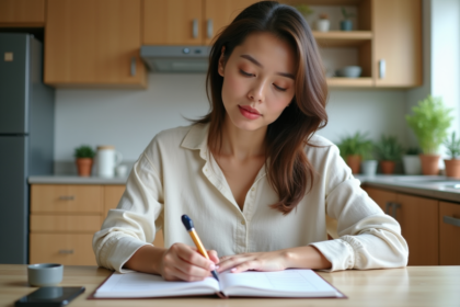 Femme organisée écrivant un planning de tâches dans une cuisine lumineuse