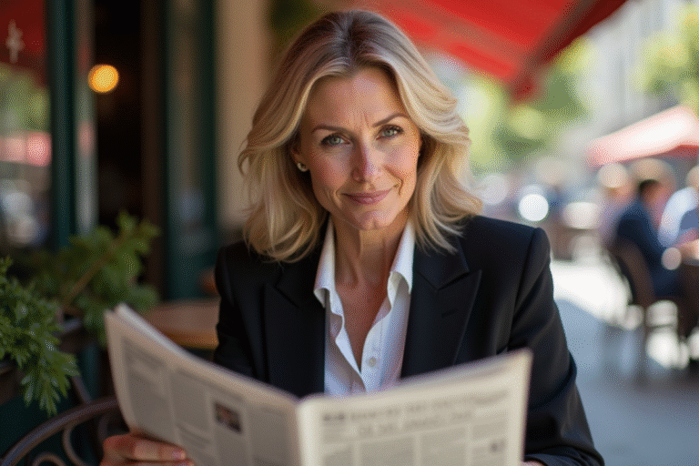 Femme mature lisant un journal dans un café parisien