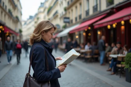 Femme en trench bleu regardant les panneaux de rue à Paris