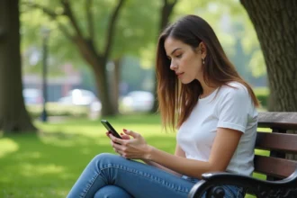 Jeune femme concentrée sur son smartphone dans un parc