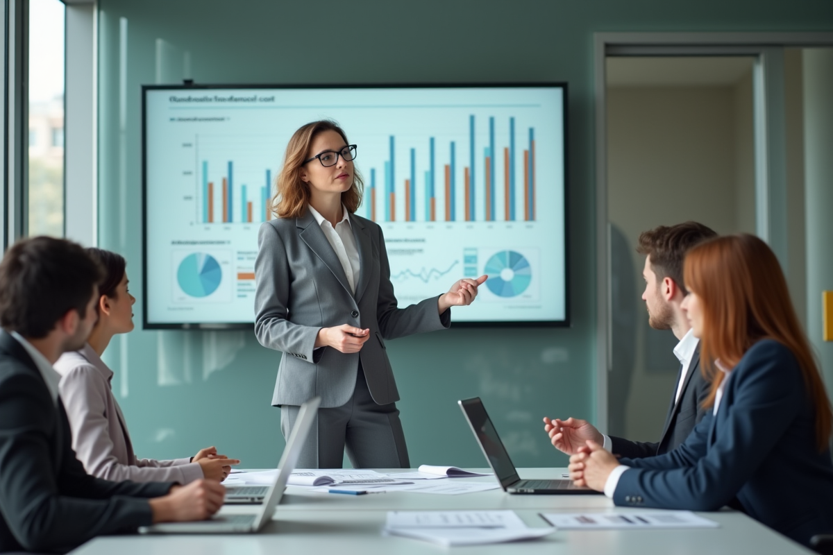 Femme en costume gris présente des données de construction