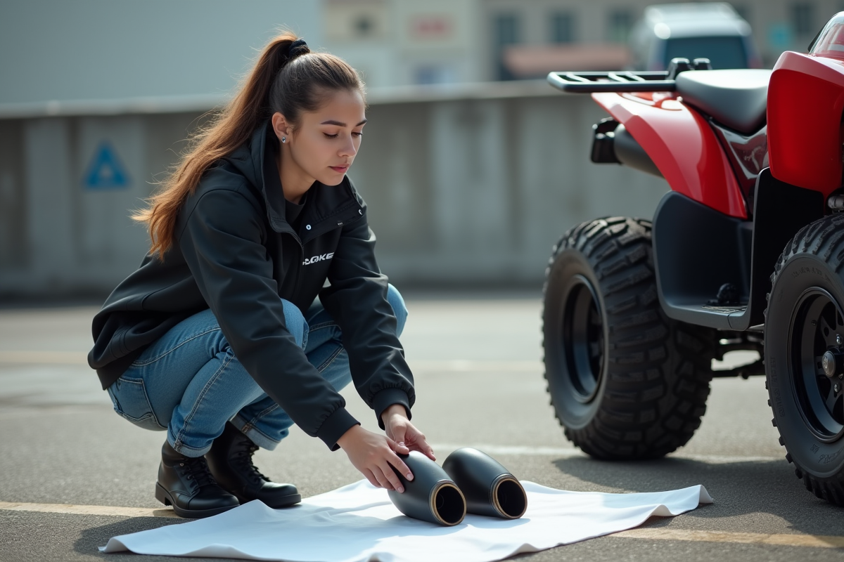 Jeune femme vérifiant échappements de quad en parking