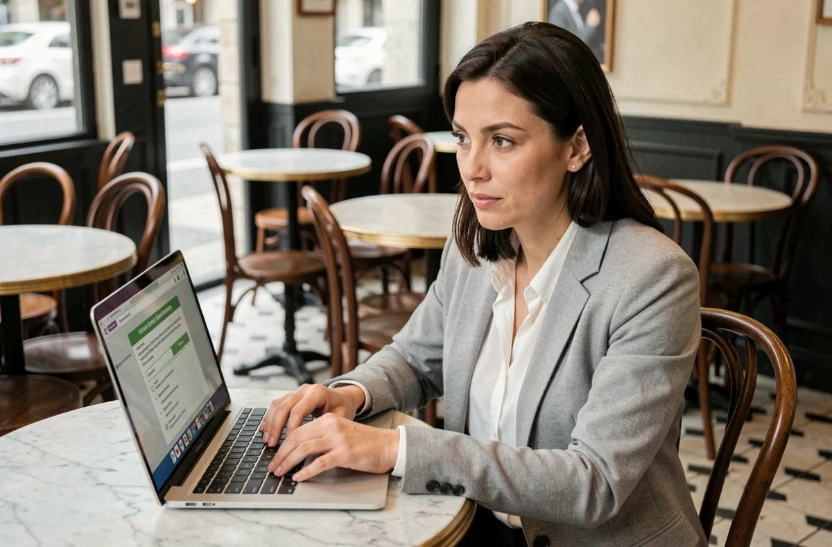 Femme utilisant un ordinateur portable dans un café parisien pour répondre à un quiz d'orientation politique française, atmosphère urbaine et citoyenne