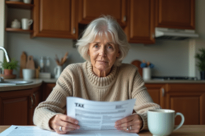 Femme réfléchissant avec un avis fiscal à la maison