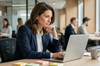 Femme en blazer navy pensive devant son ordinateur dans un bureau moderne, illustrant une réflexion sur la reconversion professionnelle ou un signe 11h11 au travail