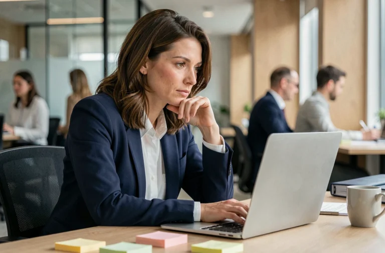 Femme en blazer navy pensive devant son ordinateur dans un bureau moderne, illustrant une réflexion sur la reconversion professionnelle ou un signe 11h11 au travail