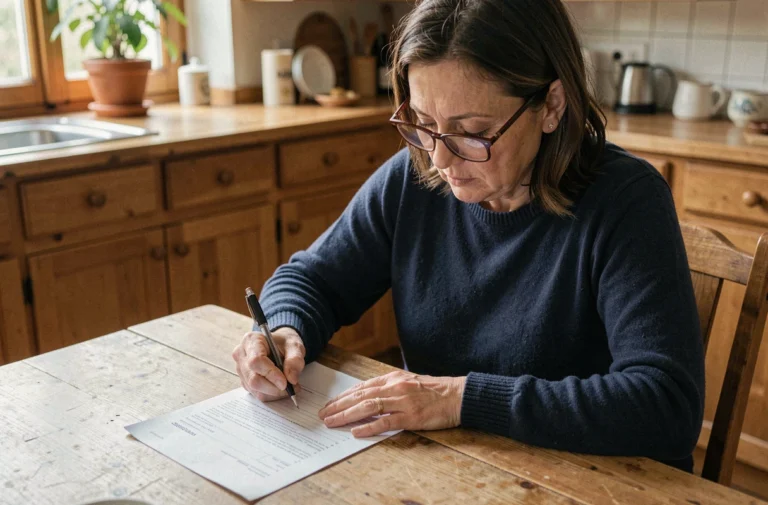 Femme remplissant une attestation d'hébergement à la maison sur une table en bois