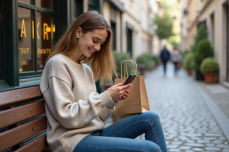 Jeune femme assise sur un banc dans une ville française