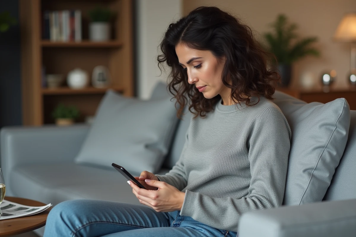 Femme consultant les résultats du Keno sur smartphone dans son salon