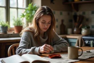 Femme moyenne âge tirant une rune d'une pochette dans une cuisine rustique