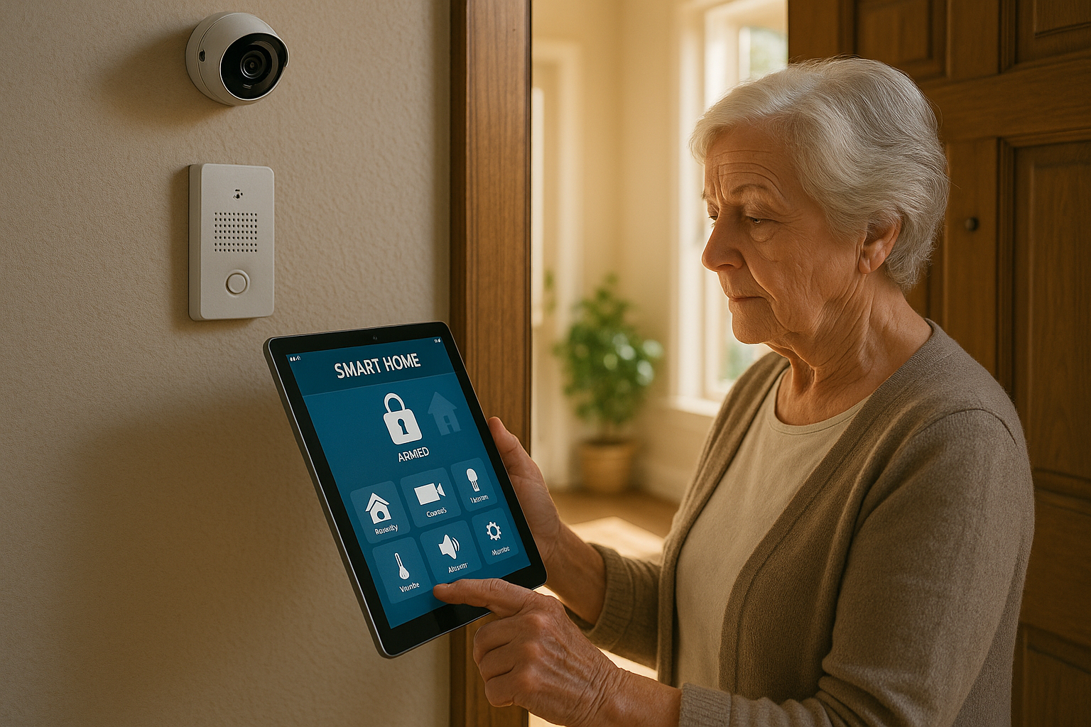 Femme senior utilisant une tablette de securite à la porte d