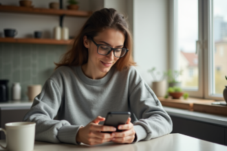Femme pensant en cuisine avec smartphone dans un appartement lumineux