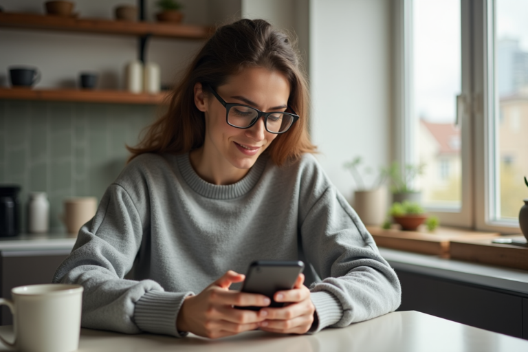 Femme pensant en cuisine avec smartphone dans un appartement lumineux