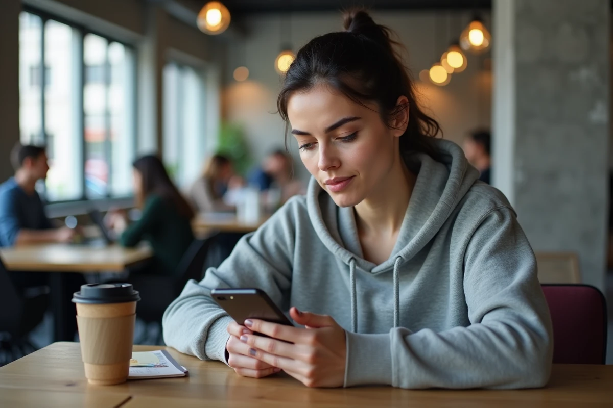 Femme consultant un service web sur son smartphone dans un espace de coworking moderne, explorant des liens et des informations en ligne