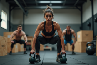 Femme en entraînement CrossFit avec kettlebell en salle