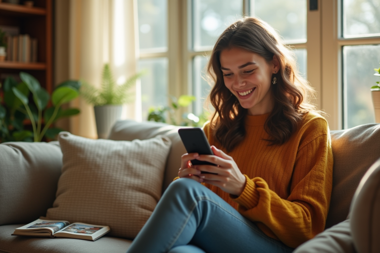 Jeune femme supprimant l'application Vinted dans son salon lumineux