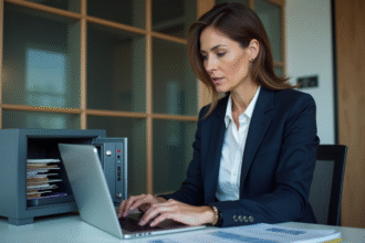 Femme professionnelle en bureau avec coffre sécurisé