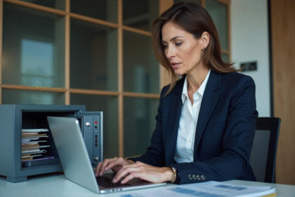 Femme professionnelle en bureau avec coffre sécurisé