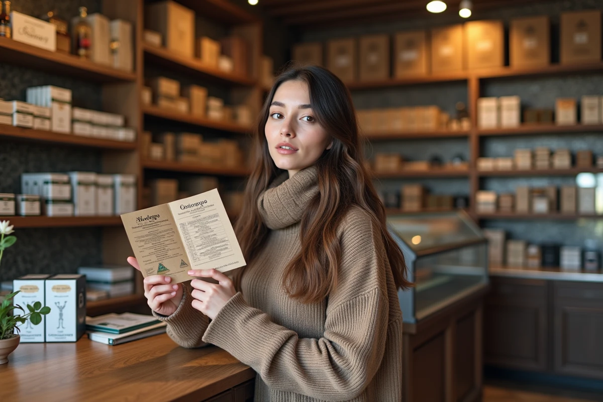 Jeune femme dans une boutique de tabac avec sachet et liste