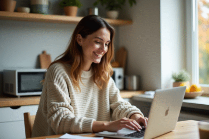 Femme assise à la maison travaillant sur son ordinateur