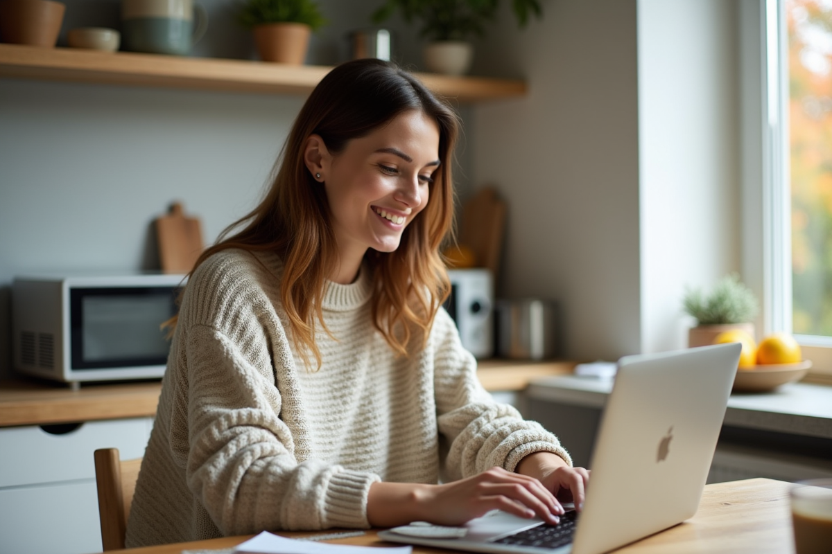 Femme assise à la maison travaillant sur son ordinateur