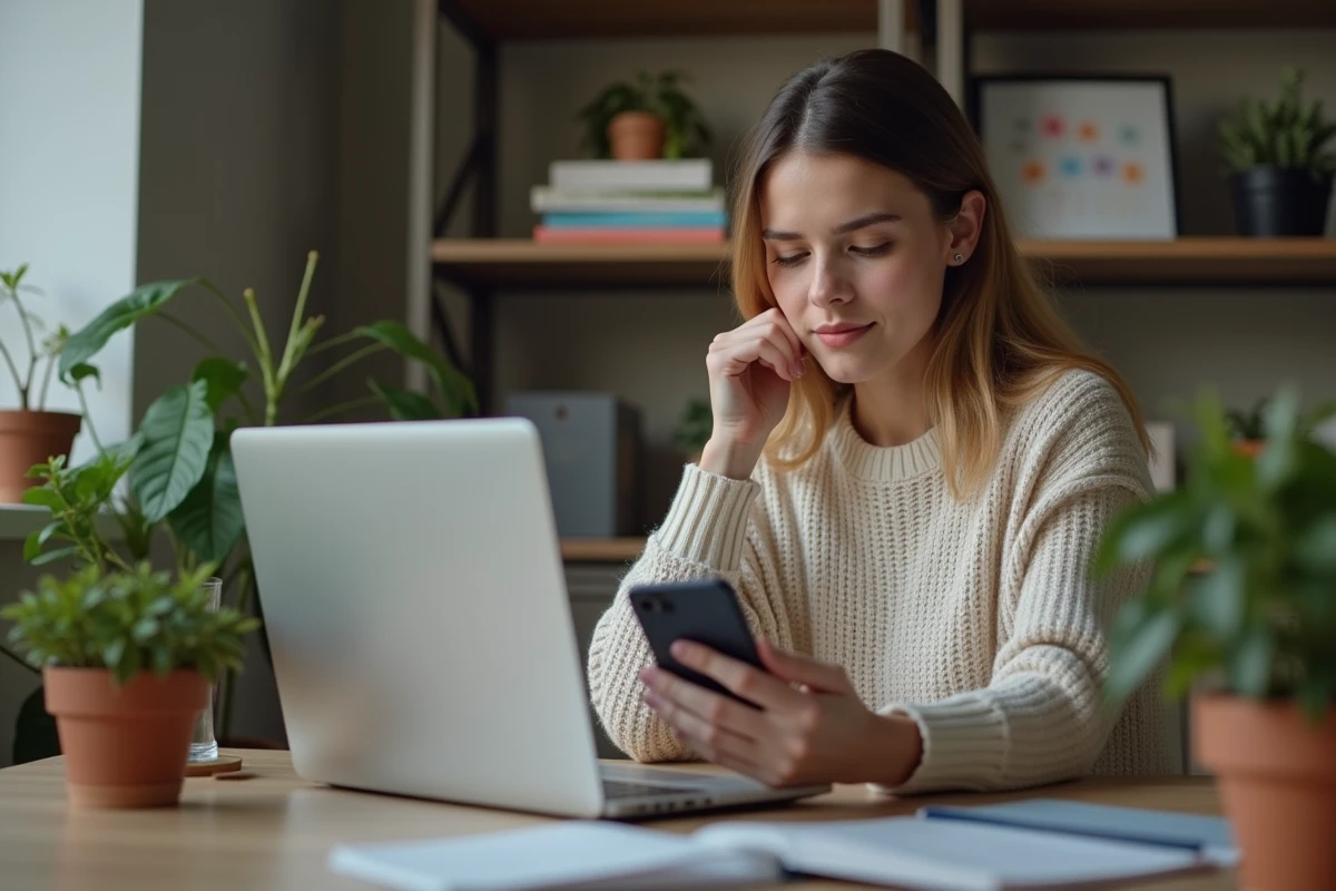 Jeune femme au bureau à domicile utilisant son ordinateur