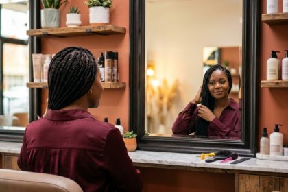 Femme noire aux tresses box braids assise dans un salon de coiffure moderne, regardant son reflet dans le miroir avec confiance