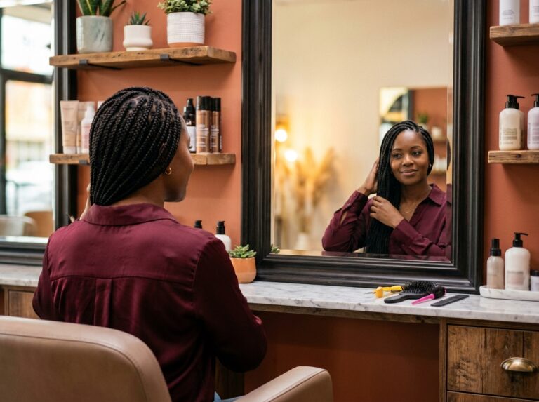 Femme noire aux tresses box braids assise dans un salon de coiffure moderne, regardant son reflet dans le miroir avec confiance