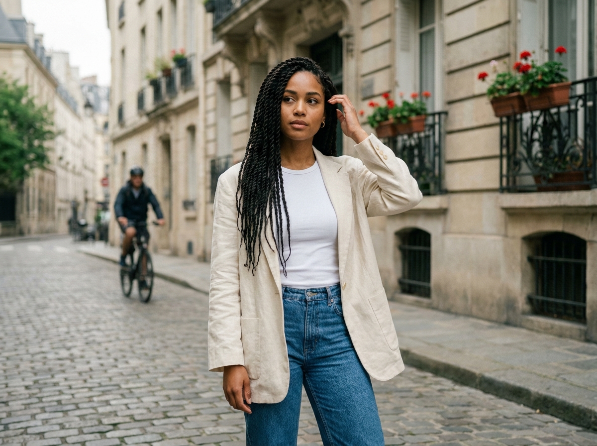 Femme aux tresses sénégalaises dans une rue pavée parisienne, portant une veste en lin crème, regard pensif et naturel