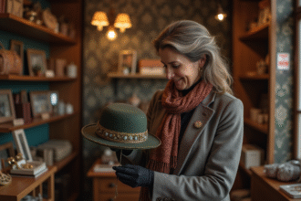 Femme d'âge moyen examine un chapeau vintage dans une boutique