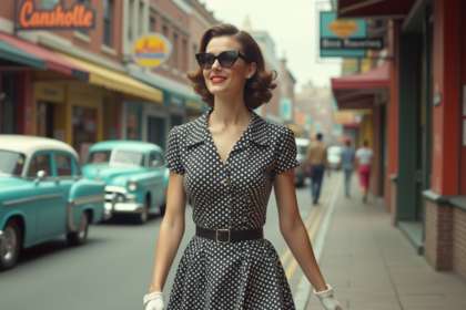 Jeune femme en robe à pois des années 50 en ville