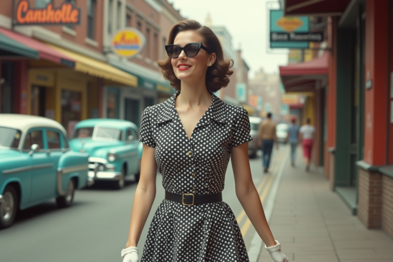Jeune femme en robe à pois des années 50 en ville