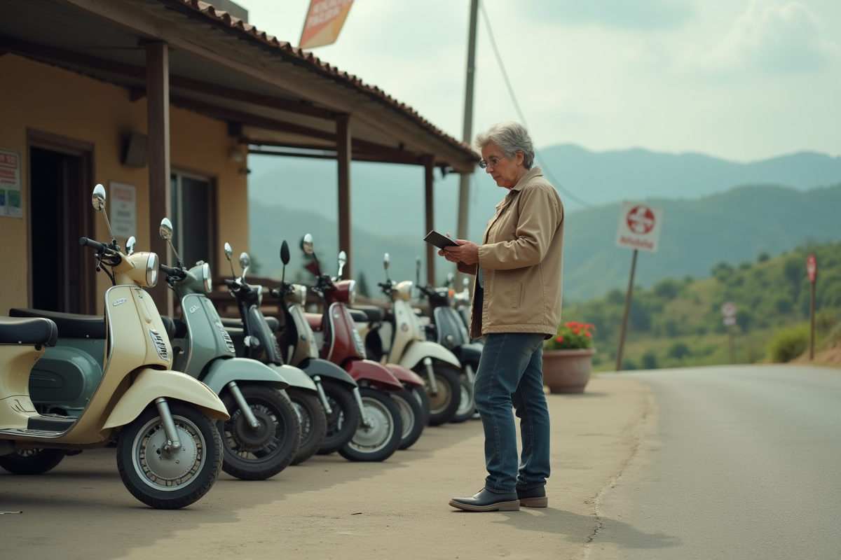 Femme vérifiant une moto Dax dans un lot rural