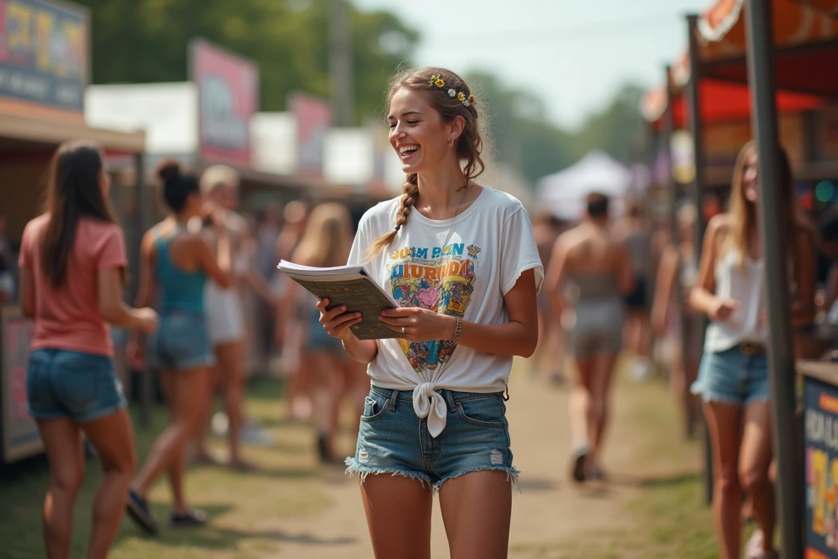 Festivalière souriante consultant le programme du festival des Vieilles Charrues dans la zone des stands