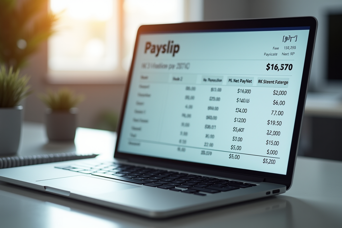 Fiche de paie numérique affichée sur un ordinateur portable dans un bureau moderne