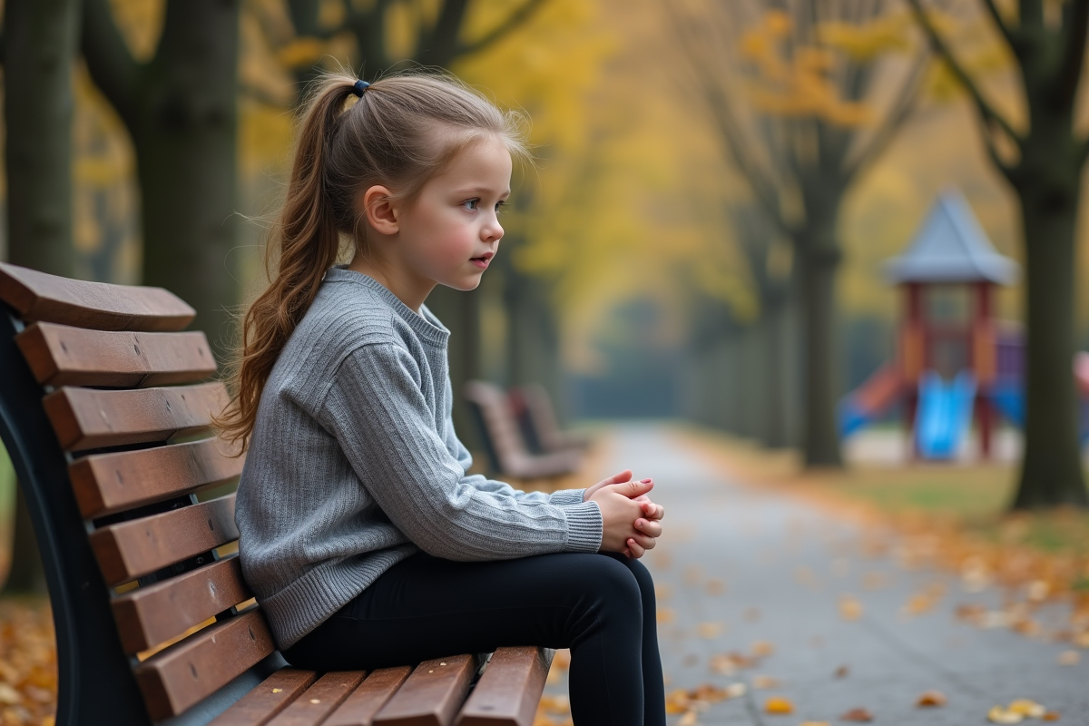 Fille de 12 ans assise sur un banc dans un parc en automne