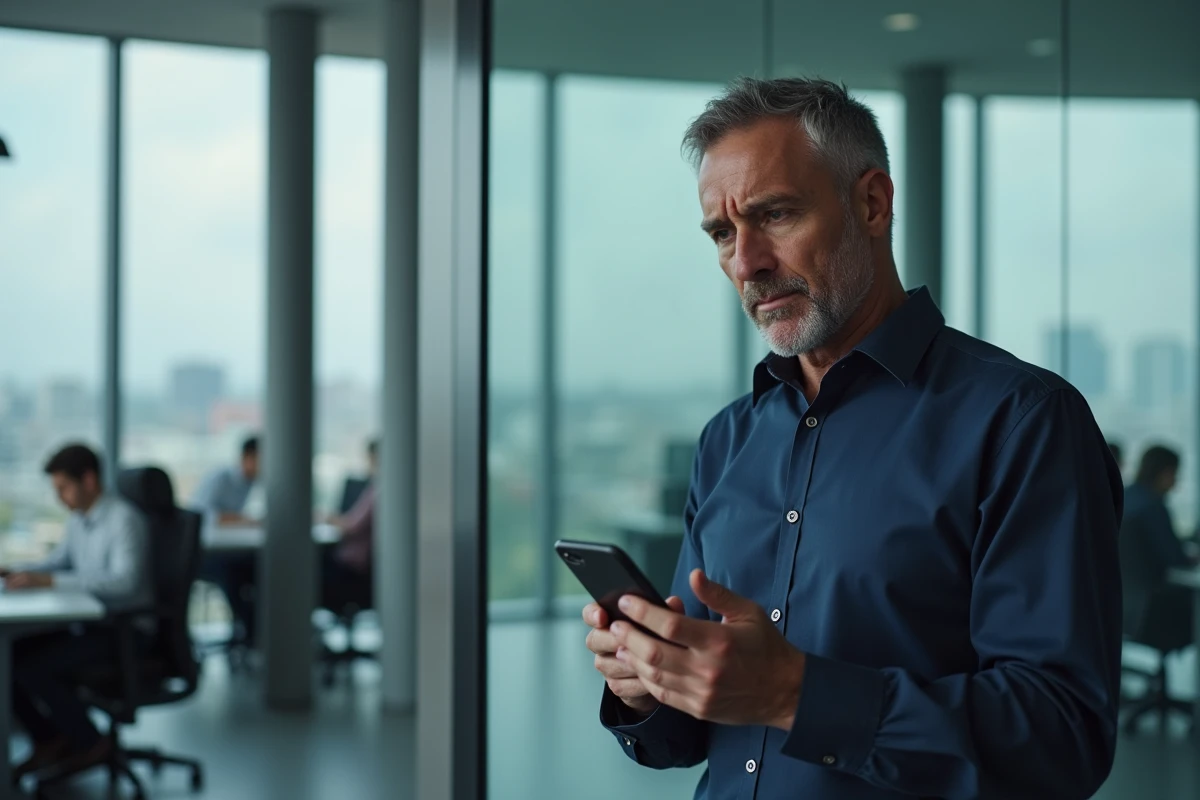 Homme en bureau filtrant des appels spam avec l'indicatif téléphonique 41 sur son téléphone