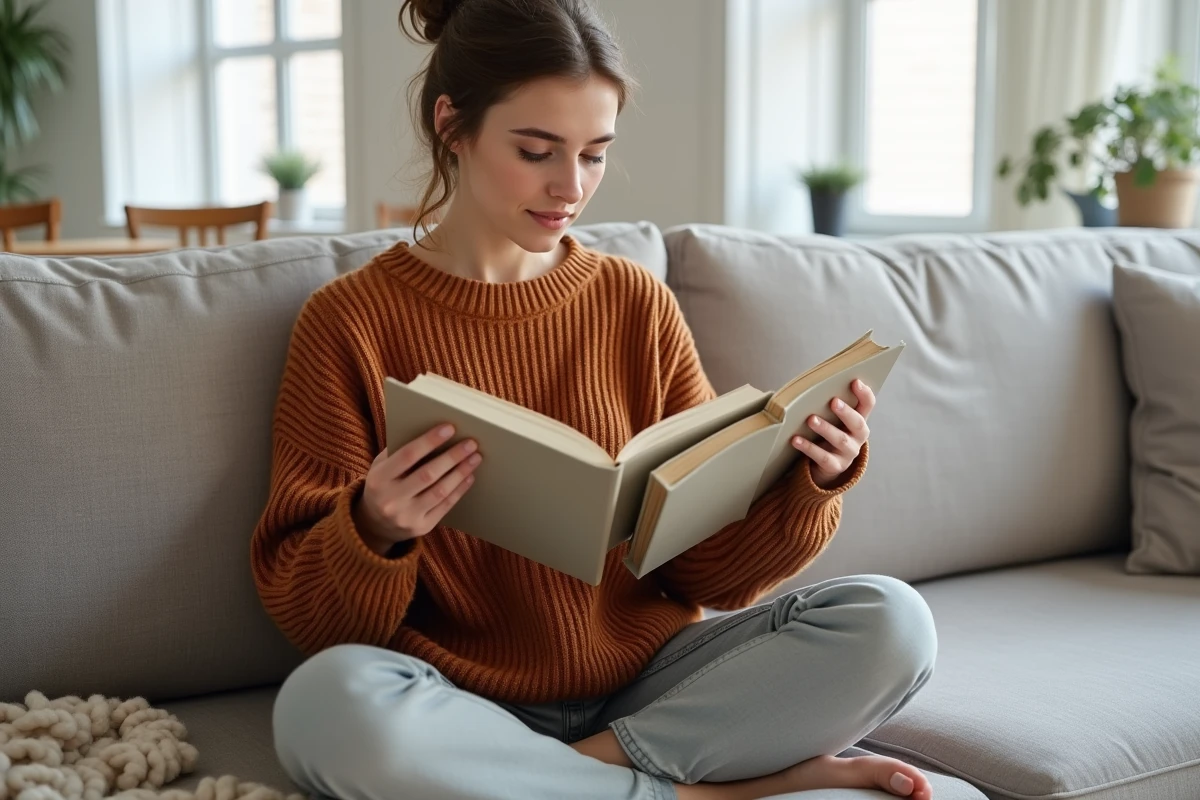 Jeune femme tenant plusieurs livres de formats différents dans un salon de style scandinave