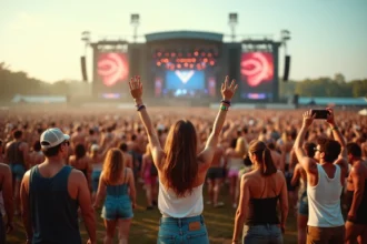 Foule immense lors du festival des Vieilles Charrues devant une scène principale imposante en plein été